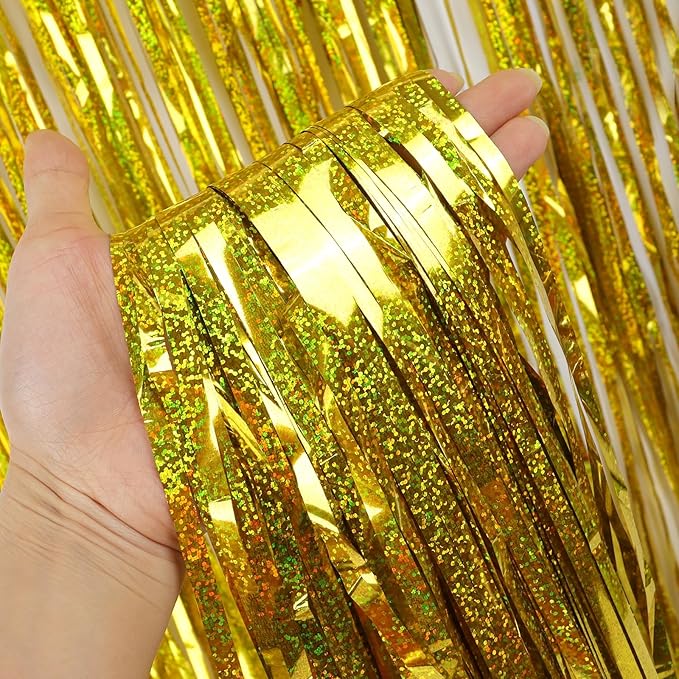 Gold Backdrops Curtains Christmas Party Decorations, Tinsel Streamers for Birthday Decorations, Photo Booth Props for Wedding, 1Pack 3.28X6.56Ft