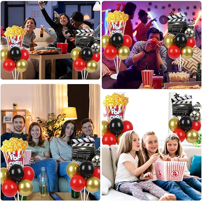 Movie Night Party Balloons Stand Kit 2 Sets with 2 Popcorn Clapboard Foil Balloons Black Red Gold Party Balloon Centerpiece for Tables for Birthday Camera Film Movie Party Decoration