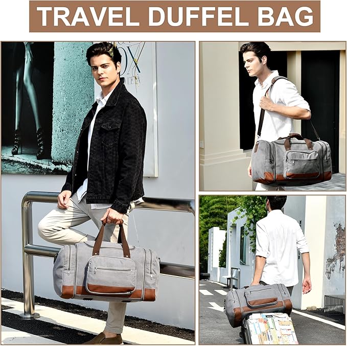 Litvyak Duffle Bag for Travel, Large 60L Canvas Travel Duffel Bags Overnight Weekend Gym Carry On Luggage Bag for Men & Women(Grey)