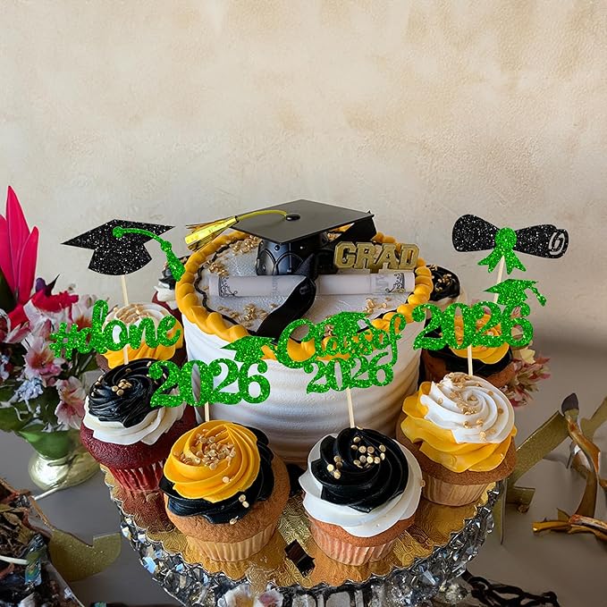 Gyufise 30Pcs 2026 Graduation Done Cupcake Toppers Green Glitter Class of 2026 Cupcake Picks Grad Cap Diploma Cake Decorations for 2026 Graduation Theme Party Cake Decorations Supplies