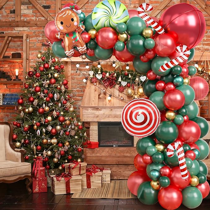 Christmas Balloon Garland Kit, 108PCS Retro Dark Green Red Gold Balloons Arch with 4D Balloons, Xmas Candy Cane Gingerbread Windmill Foil Balloons for Christmas New Year Winter Party Decorations