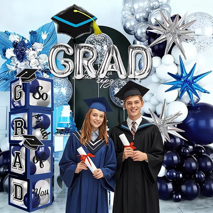 2026 Graduation Boxes Decorations,Blue and Silver Balloon Garland Arch Kit with GRAD,2026 Balloon Boxes,Graduation Cap Decor for High School,College Graduation Party Supplies