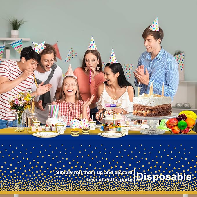 6 Pack Blue and Gold Tablecloth Party Decorations Plastic Blue Tablecloth Printed Gold Table Runner 54 x108 Inch Disposable Rectangle Table Cover for Birthday Wedding Graduation