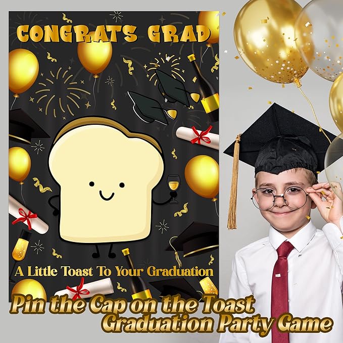 Pin The Cap On The Toast Game Class of 2026 Graduation Congrats Grad Poster with 24 Pcs Stickers Fun Activity Party Decorations Supplies for Kindergarten Senior High School College Students
