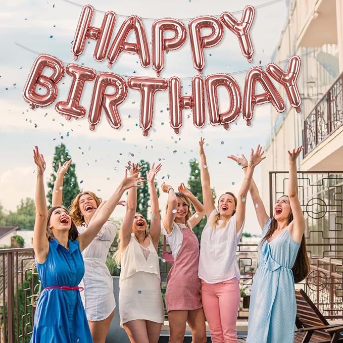 Happy Birthday Banner Balloon Rose Gold, 16 Inch Happy Birthday Mylar Foil Balloon Letters Banner, Self Inflating Birth Balloons Bunting for Girls Women Bday Party Decorations Supplies