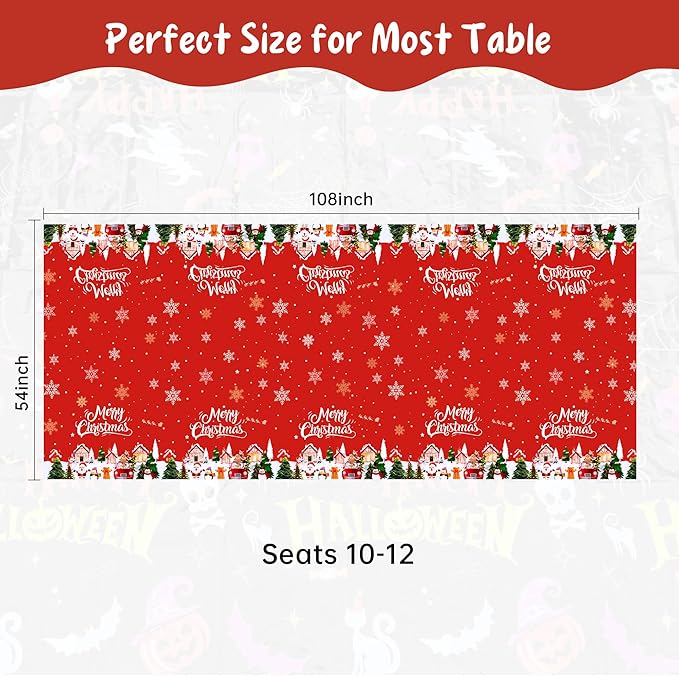 Christmas Tablecloths – 3 Pack 54 x 108 Inch Rectangle Table Covers – Red and Green Plastic Tablecloth with Santa Claus, Christmas Tree & Snowflake Prints – Christmas Holiday Party Decorations