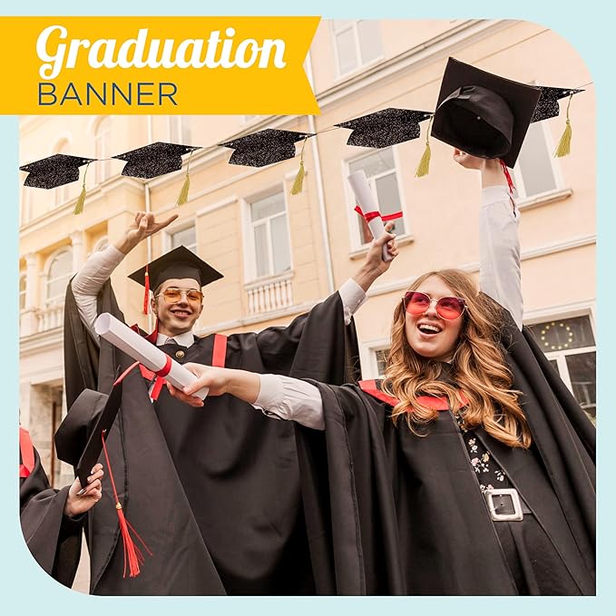 4E's Novelty Graduation Cap Banner – Black Glitter 2026 Grad Cap Garland, Grad Party Decorations 2025, Hanging Graduation Decor for College, High School & Outdoor Celebrations