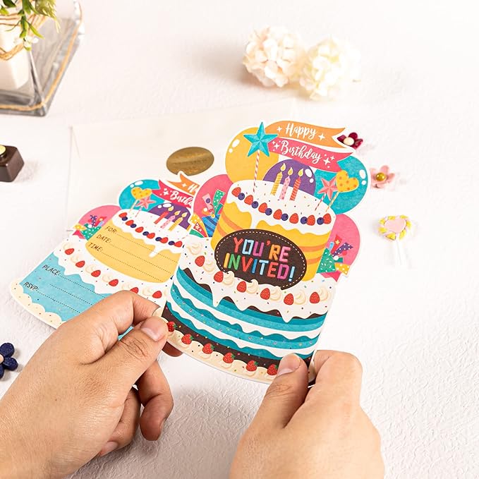 WISHGIFT 25Pcs/Set Birthday Party Cake Invitations with Envelopes, Kids Birthday Party Invitations, Perfect For Girls Boys Kids Birthday Party Celebration Decorations
