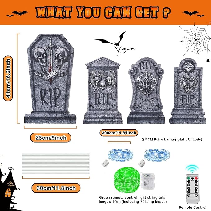 Maxee 4 Pcs 16.2" Halloween Tombstones Decoration with 1 Green Remote Lights(8 Light Modes), 2 Blue Lights(3 Modes), Plastic RIP Grave Yard Signs with 8 Stakes for Grave, Outdoor Garden, Party Decor