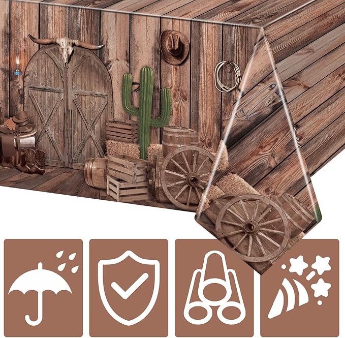 Western Party Tablecloths, 54 x 108 Inch Disposable Plastic Cowboy Table Cover for Rustic Farmhouse, West Wooden House, Western Theme Birthday Decorations Outdoor Indoor Party