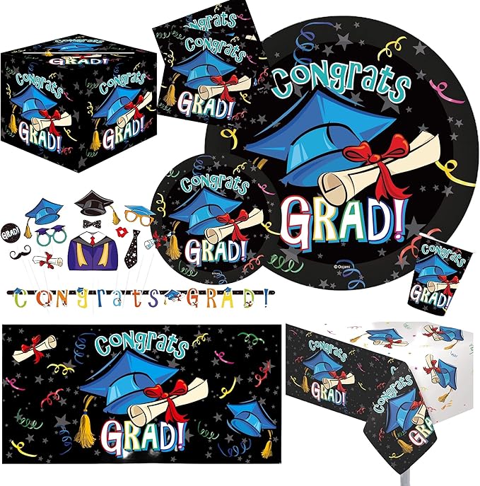 Ultimate 2026 Graduation Party Supplies Set for 30 Guests Includes Dinner & Dessert Plates Cups Napkins Table Covers Photo Props Banners Gift Card Box & Backdrop Congrats Grad Theme
