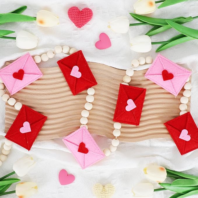 DAZONGE Retro Valentines Day Decor, Felt Envelope Wood Bead Valentines Garland Banner, Valentine’s Day Banner for Wedding, Anniversary Decor