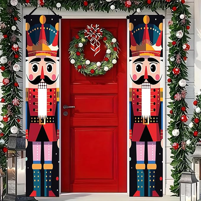 Classic Nutcracker Christmas Door Banner Traditional Toy Soldier Design Festive Holiday Welcome Sign for Front Porch Entryway Outdoor Indoor Home Decor Xmas Theme Seasonal Winter Porch