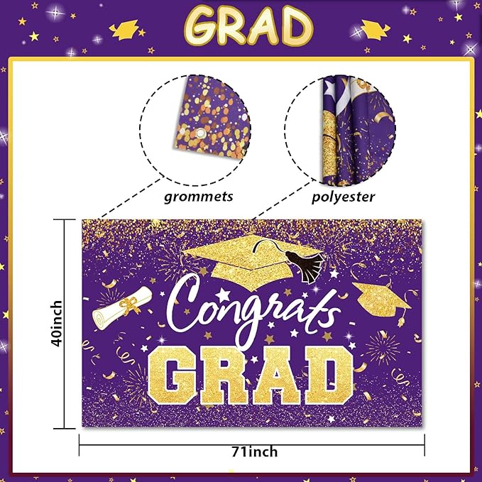 Graduation Party Decorations - Purple Gold Congrats Grad Class of 2026 Backdrop Banner Large Sign Wall Decorations Photography Background Party Supplies for 2026 Graduation Party Decorations