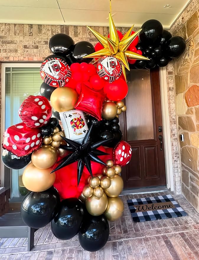 Red Black and Gold Balloons Arch Garland Kit – 131Pcs Latex Balloons with Foil Starburst Balloons for Birthday Hollywood Casino Movie Night New Year Party Decor