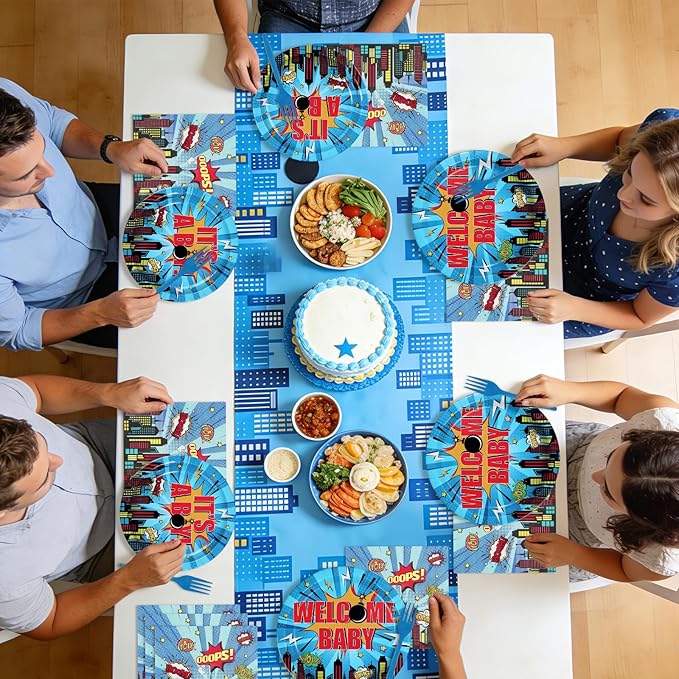96Pcs Super Theme Hero Baby Shower Party Decoration Blue Welcome-Baby Plates and Napkins Hero City Buildings Disposable Tableware Set for Boys Baby Shower Birthday Party Supplies Serves 24