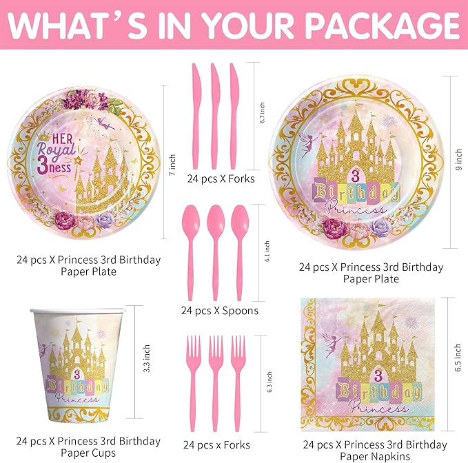 Princess 3rd Birthday Party Decorations Tableware, Pink and Gold Princess Theme Her Royal 3ness Birthday Party Supplies, Paper Plate, Cup, Napkin, Disposable Cutlery, Serve 24