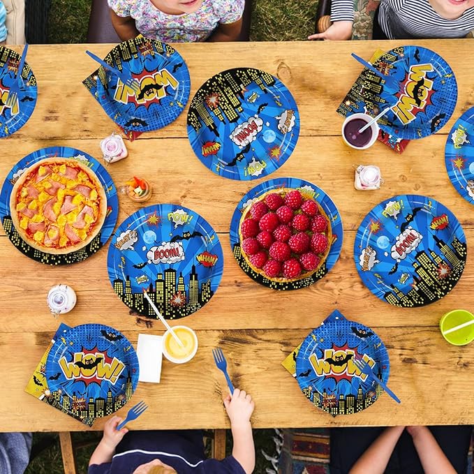 Grencian 96Pcs Super Theme Hero Birthday Party Decoration Hero's Action Sign Cityscape Plates and Napkins Blue Comic Hero Tableware Sets for Boys Baby Shower Cartoon Spider Party Favors Serve 24