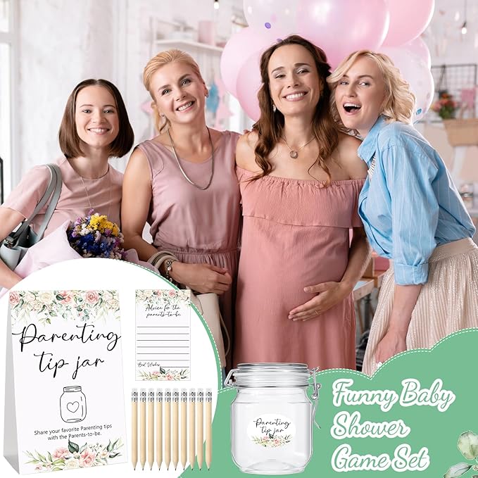Roowest Baby Shower to Baby Advice Cards for New Parents to Be - Tip Jar Sign for New Parents 60 Parenting Advice Cards 10 HB Pencils 2 Cute Stickers 1 Pet Bottle for Guests Games(Flower)