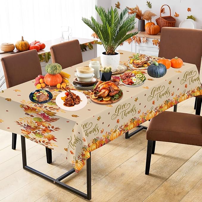 3 Pcs Thanksgiving Tablecloth Disposable - Fall Give Thanks Table cloth, Rectangle Plastic Maple Leaf Pumpkin Table Cover for Fall Harvest Thanksgiving Party Decorations Supplies Favors, 54x108 Inch