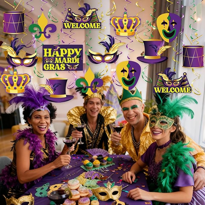 Mardi Gras Hanging Swirls, 45Pcs Happy Mardi Gras Ceiling Streamers Swirl Hanging Crown Mask Decorations for Masquerade New Orleans Party Suppies