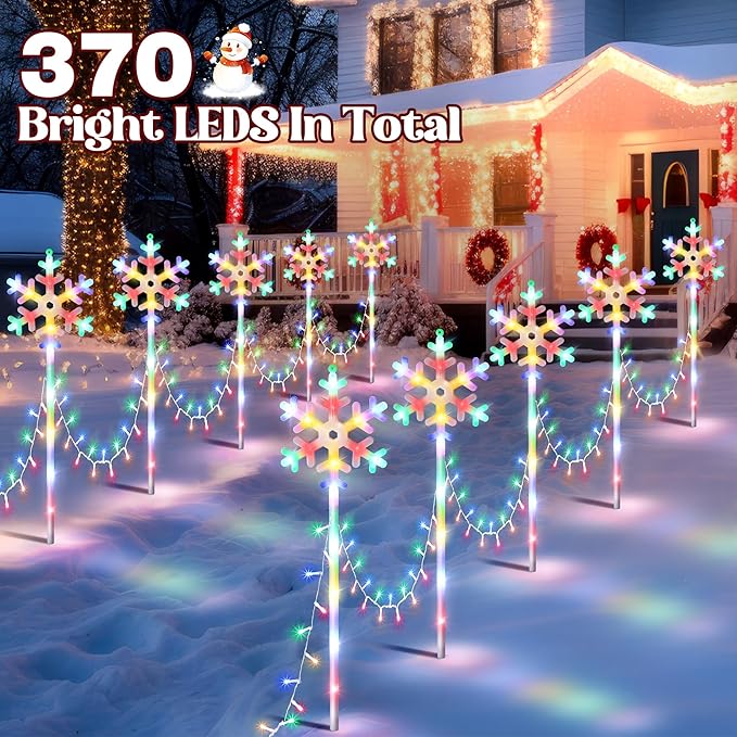 10 Pcs Christmas Snowflake Pathway Stake Lights for Outdoor Yard, 370 Bright LEDs Waterproof Large Christmas Snowflake Light Decoration for Garden Lawn Driveway Walkway Decor(Colorful)