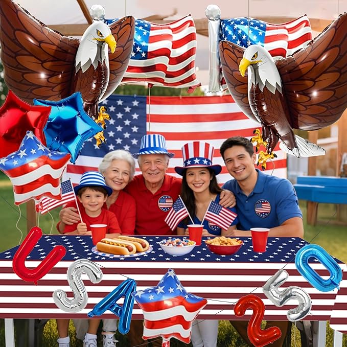 15 Pcs Patriotic Party Pack with Large 32 Inch Eagle Balloons & Tablecover, USA Red White Blue Party Decor for 4th of July Election Day Veterans Day
