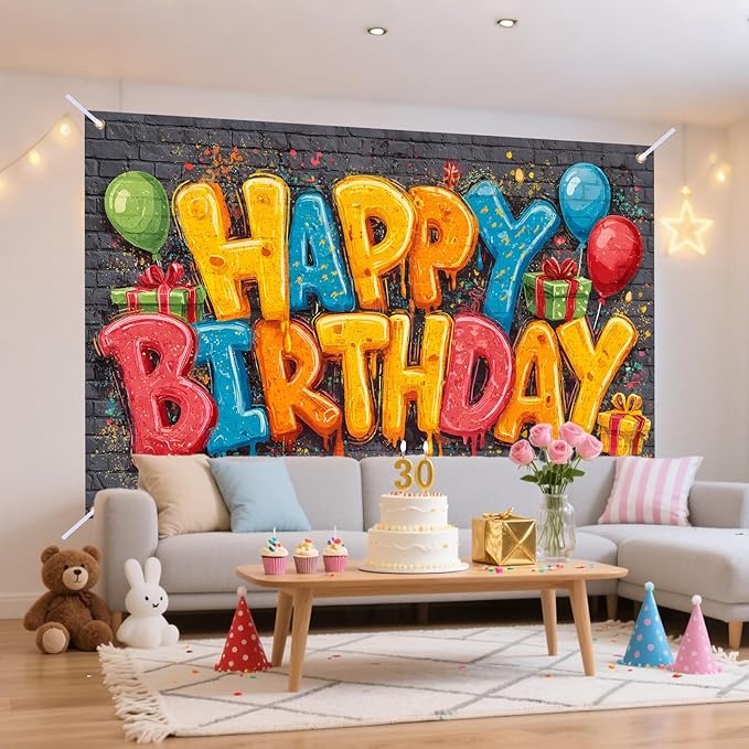 Nuxovilar Happy Birthday Yard Banner - 71x43 inches, Graffiti-Inspired Design Decorations Large Happy Birthday Banner Outdoor & Indoor Backdrop