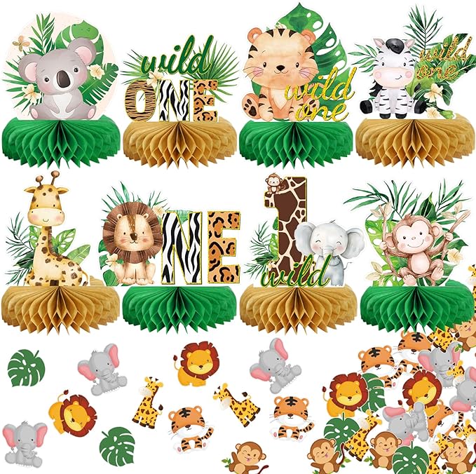 Wild One Birthday Decorations Jungle Baby Shower Honeycomb Centerpieces for Boys and Girls,8 Pcs Safari Centerpieces and Confetti Table Decorations, Safari Jungle Animals Party Decor
