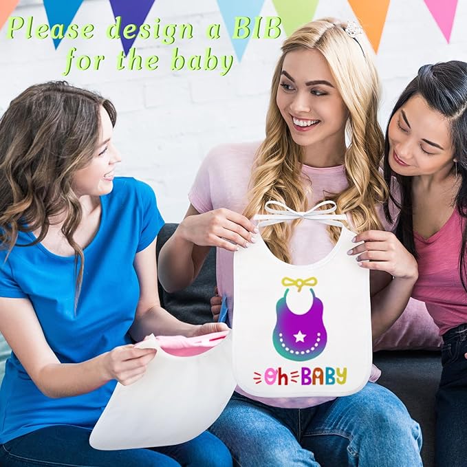 50 Pcs Baby Shower Game White Bib Kit Include 1 Wooden Baby Shower Game Sign 25 DIY Blank White Bibs 24 Colorful Markers(Animal)