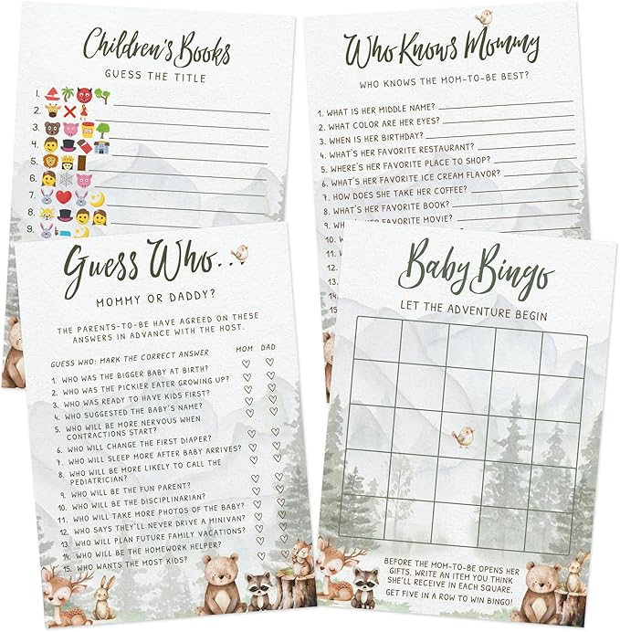 Printed Party Woodland Baby Shower Games for Boy – Set of 4 Games for 30 Guests, Forest Animal Theme, Includes Bingo, Mommy Trivia, Icon Storybook Phrases, and Guess Who Mommy or Daddy