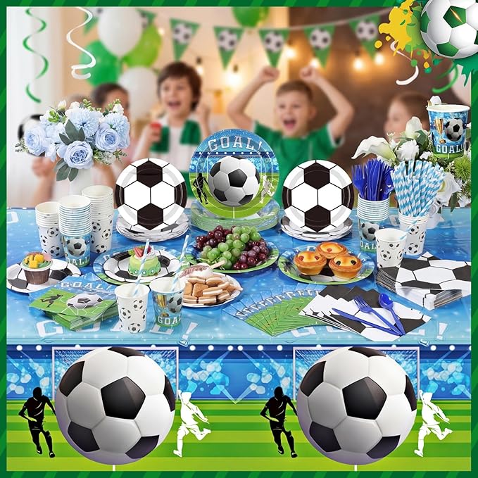 Ceenna 452 Pcs Soccer Party Supplies for 50 Guests, Soccer Paper Plates Napkins Cups Tablecloth Cutlery Straw Disposable Tableware for Men Birthday Sports Theme Day Party Decorations