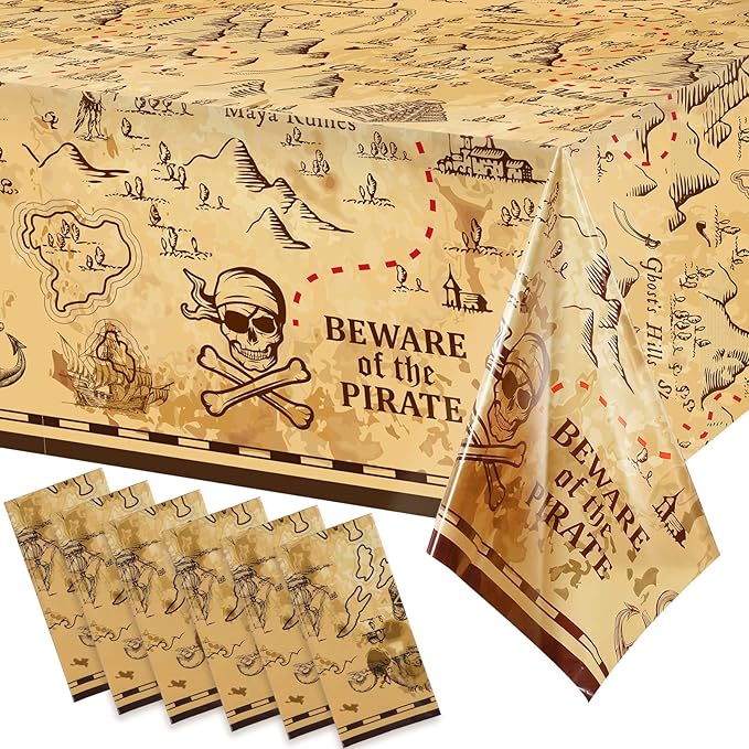 Irenare 6 Pieces Pirate Tablecloth for Party Decor - 54 x 108 Inches Pirate Treasure Map Tablecover Plastic Island Treasure Table Covers Navigation Supplies for Birthday Party Decoration
