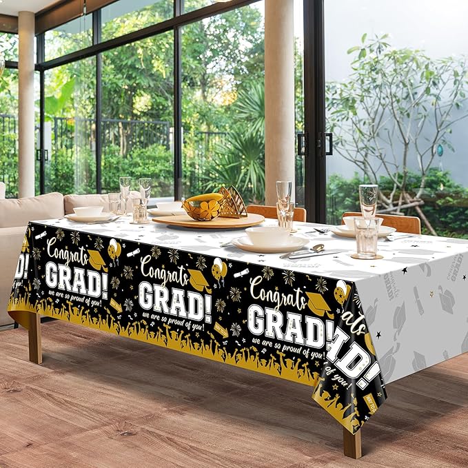 12Pack Graduation Tablecloth Party Decorations, Class of 2026 Congrats Grad Plastic Tablecover Party Supplies, Black and Gold Rectangle Graduation Table Decor for College High School Party, 54x108Inch
