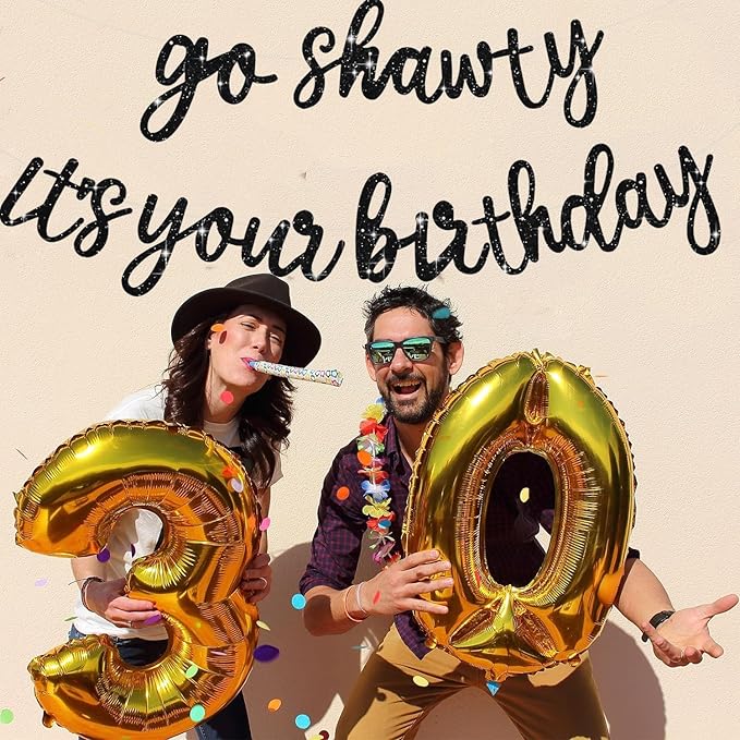 BEISHIDA Go Shawty It's Your Birthday Banner NO DIY Hip Hop Theme Happy Birthday Banner Pre-Strung Rap Theme Happy Birthday Sign for Man Women birthday Party Supply Glitter Black