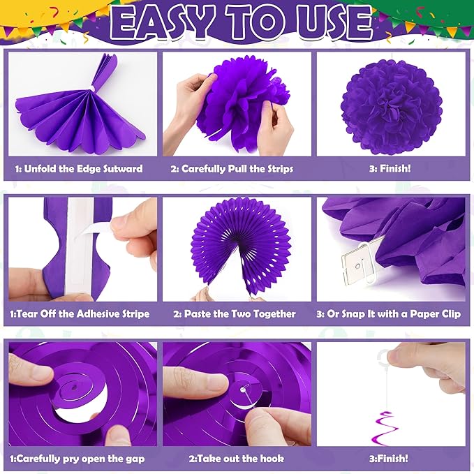 25PCS Mardi Gras Decorations, Mardi Gras Party Favors Decor Kit with Paper POMPOM, Happy Carnival Paper Fans Banner Felt Garland, Crown Hanging Swirls for Carnival Party Parade Accessories