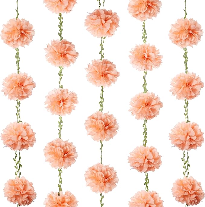 Sahoottie 2 Pcs Blush Pink Hanging Paper Flower Garland, 8.2 FT Single Color Tissue Paper Flower Garland, Blush Pink Pom Pom Garland for Boho Wedding Backdrop Bridal Shower Bedroom Wall Decor