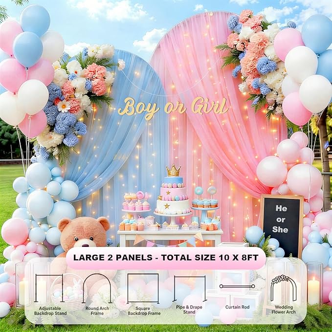 Pink Blue Sheer Backdrop Curtains with Lights String for Baby Shower Decor 10×8FT Backdrop Curtain for Parties Boy or Girl Birthday Party Wedding Gender Reveal Baby Shower Decoration (2 Panels 4×10ft)