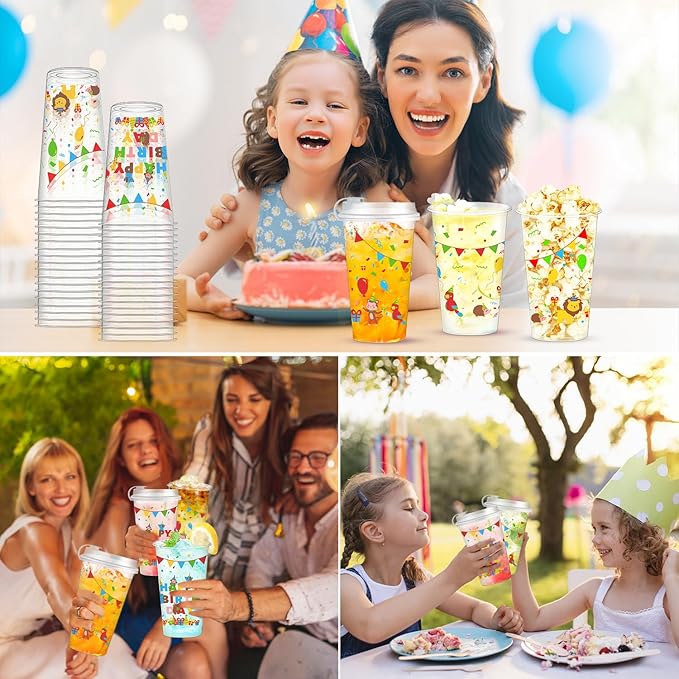 50pcs Happy Birthday Disposable Plastic Cups 16 Oz Drinking Cup with Lid, Birthday Party Decorations & Gifts for Boys and Girls, Clear Coffee Cups for Kids, Birthday Theme Party Drinkware Supplies