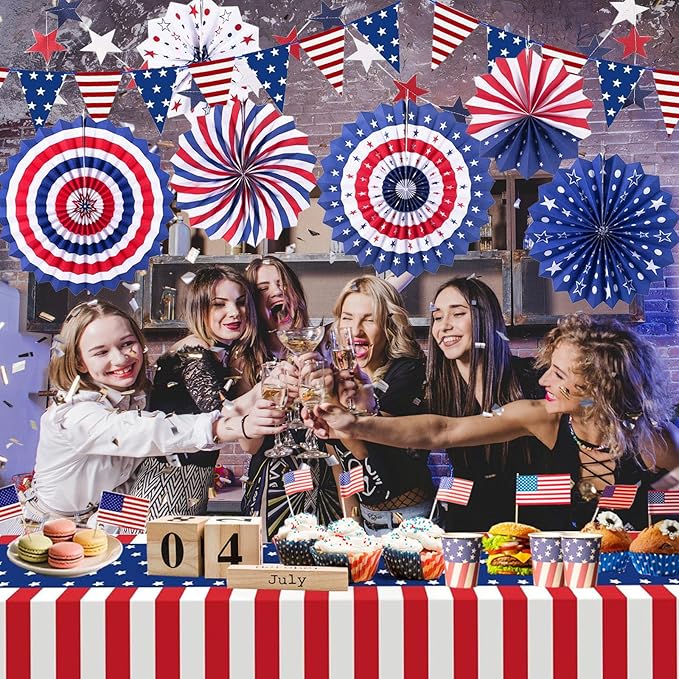 9PCS 4th of July Decorations Red White and Blue Paper Fans, USA Pennant Bunting, Star Streamers, Patriotic Tablecloth for Fourth of July Party Supplies, Memorial Day Veterans Day Patriotic Decor