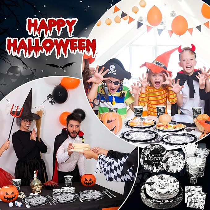 350 Pcs Happy Halloween Party Favor Vintage Halloween Decoration Disposable Tableware for 50 Guests 100 Pumpkin Skull Plates 50 Crows Bats Napkins 50 Cups 50 Sets Knives Fork Spoon