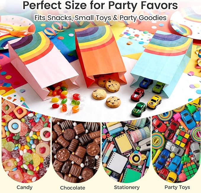 LovesTown 36 Pack Party Favor Bags, 4.8 x 3 x 8.7 Inch Rainbow Paper Bags 8 Colors, for Kids Christmas Birthdays Baby Showers Party Supplies