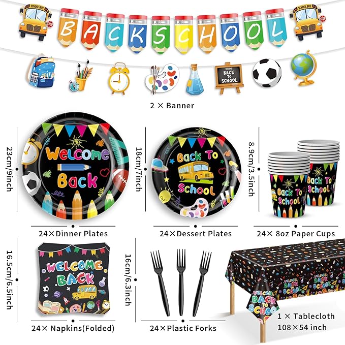 122 PCS Back to School Party Supplies, Disposable Tableware Set Include Back to School Plates and Napkins, Cups, Forks, Banner and Tablecloth for First Day of School Party Decorations , Serve 24