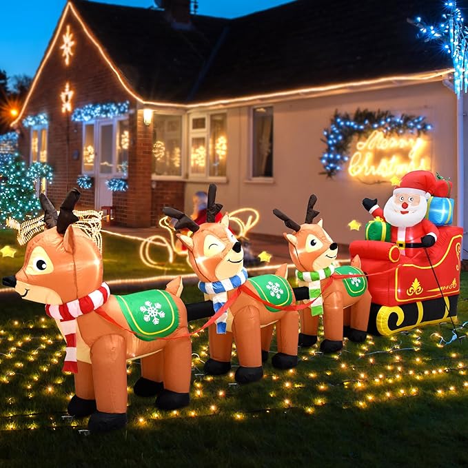 EAONE 12 Ft Christmas Inflatables Outdoor Decorations Giant Blow Up Yard Decorations Inflatable Santa Claus on Sleigh and 3 Reindeer, with Built-in LED Lights for Indoor Outdoor Home Holiday Decor