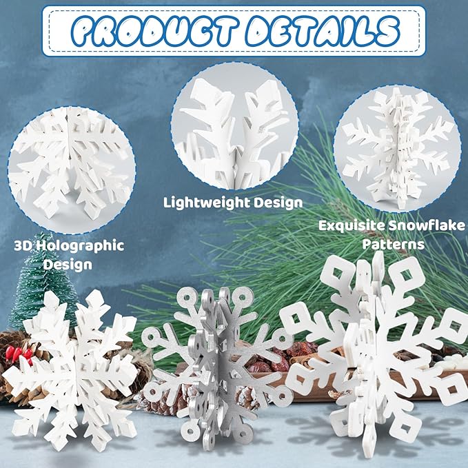OuMuaMua 12 Set Winter Christmas Centerpiece Table Decorations - 24pcs Wooden Snowflakes Decor 3D Silver White Snowflake Tabletop Decor for Xmas Holiday Tiered Tray Winter Farmhouse Home Decor