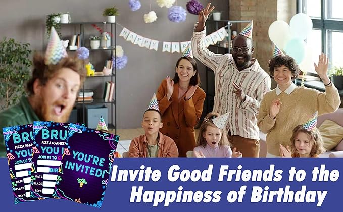 CLIRBE Bruh Birthday Party Invitations, Glow Neon Invited Birthday Invitations For Brother Bro Teen Boys, 20 Invites Cards With 20 Envelopes, Party Supplies Favors -H04