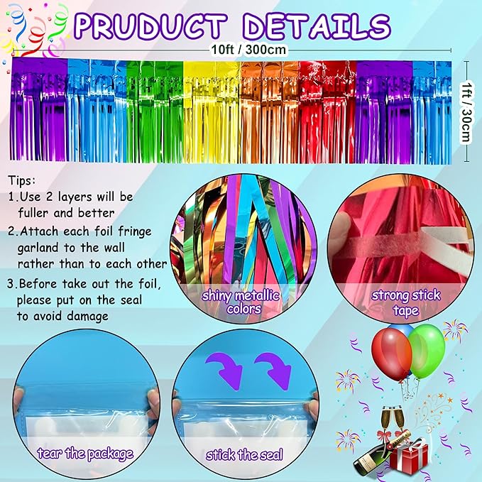 4 Packs Total 39 Ft Rainbow Parade Floats for Trailer Car, Colorful Foil Fringe Garland Tinsel Streamers Hanging Banner Table Skirts for Graduation Homecoming Holiday Birthday Pride Party Decor