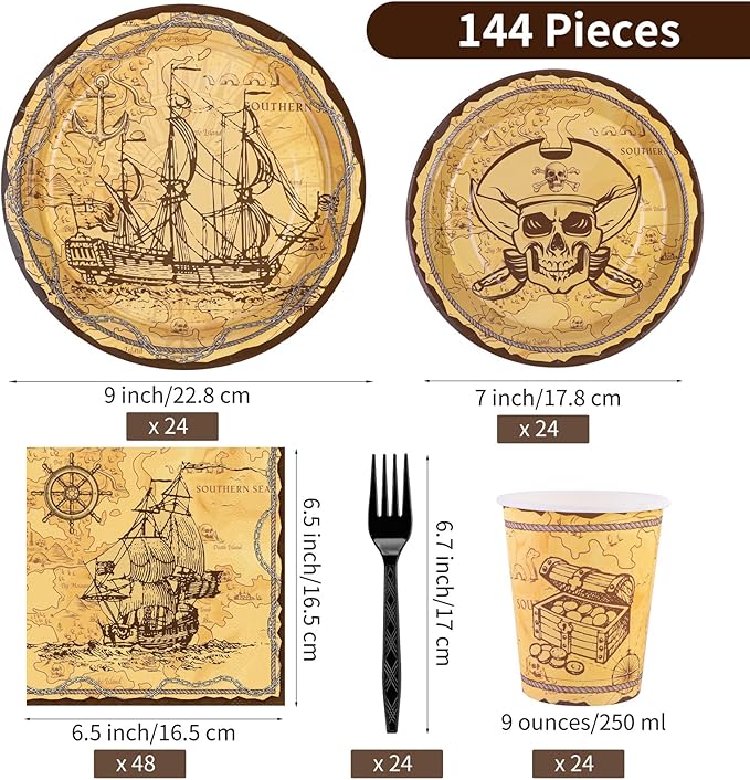 durony 144 Pieces Pirate Tableware Set Party Plates Cups Napkins Pirate Party Supplies Treasure Map Theme Favors for Treasure Theme Birthday Parties Decorations, Serve 24 Guests