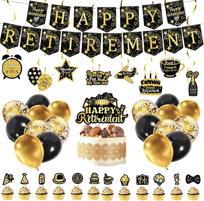 52PCS Happy Retirement Party Decorations for Men Women, Black and Gold Retirement Decorations,Happy Banners,Balloons,Cake&Cupcake Toppers Hanging Swirls,Office Yard Sign Farewell Party Supplies