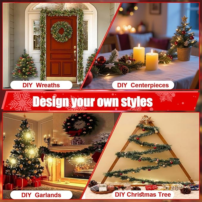 250FT Christmas Greenery Garland for Holiday Indoor Outdoor Decor, Non-Lit Soft Artificial Twist Garland with Red Bows Balls, Home Artificial Greenery for Christmas Wedding Party Decorations